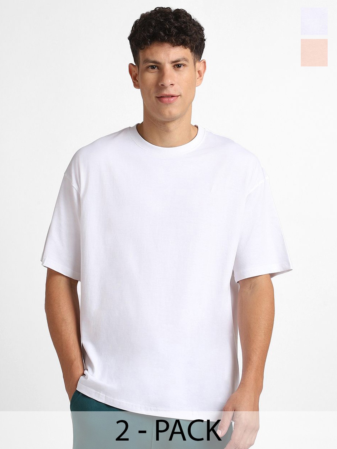 

NOBERO Men Pack of 2 Oversized Round Neck Solid Cotton T-shirt, White