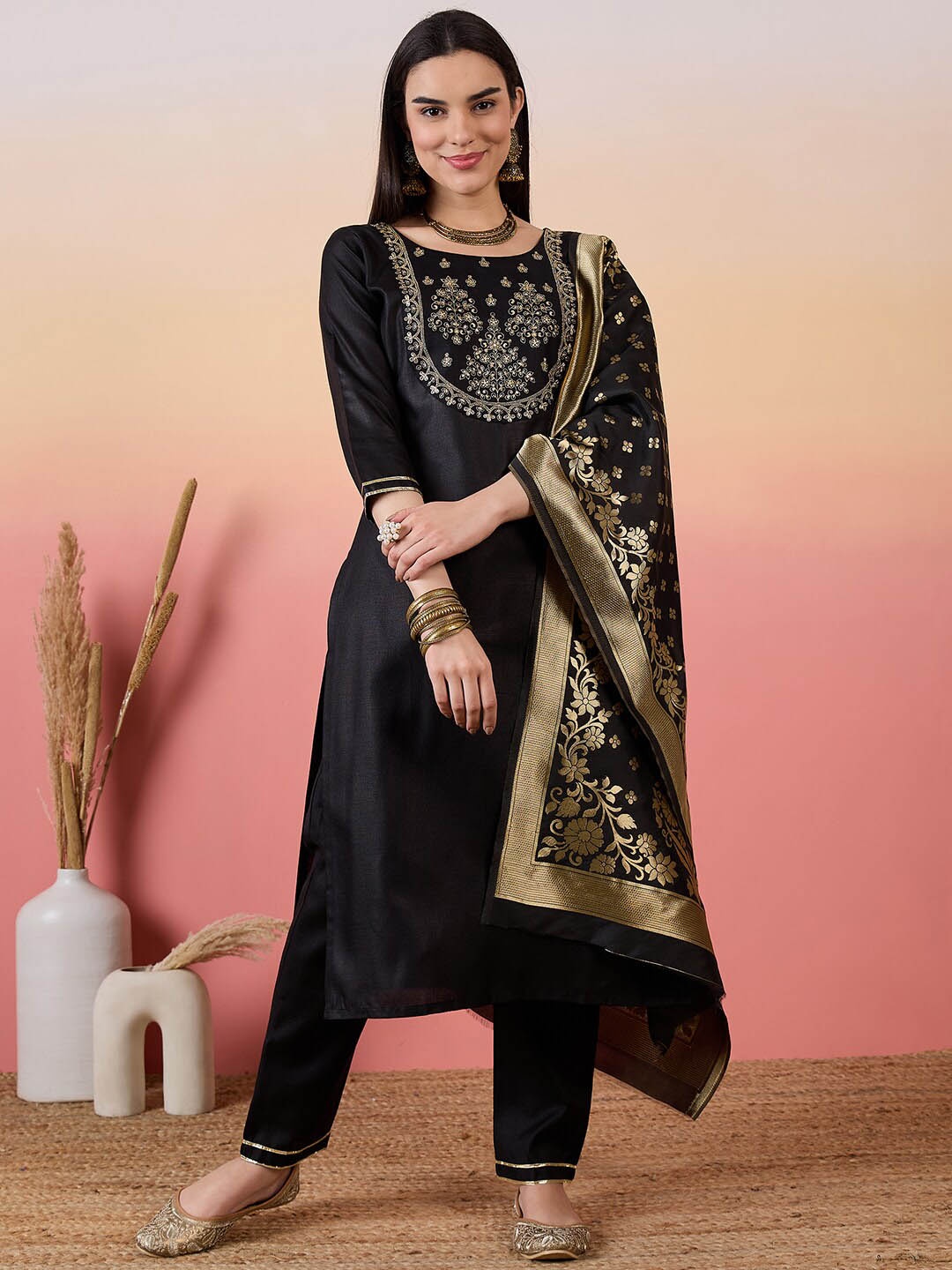 

BLACK SCISSOR Floral Embroidered Sequinned Kurta with Trousers & Dupatta