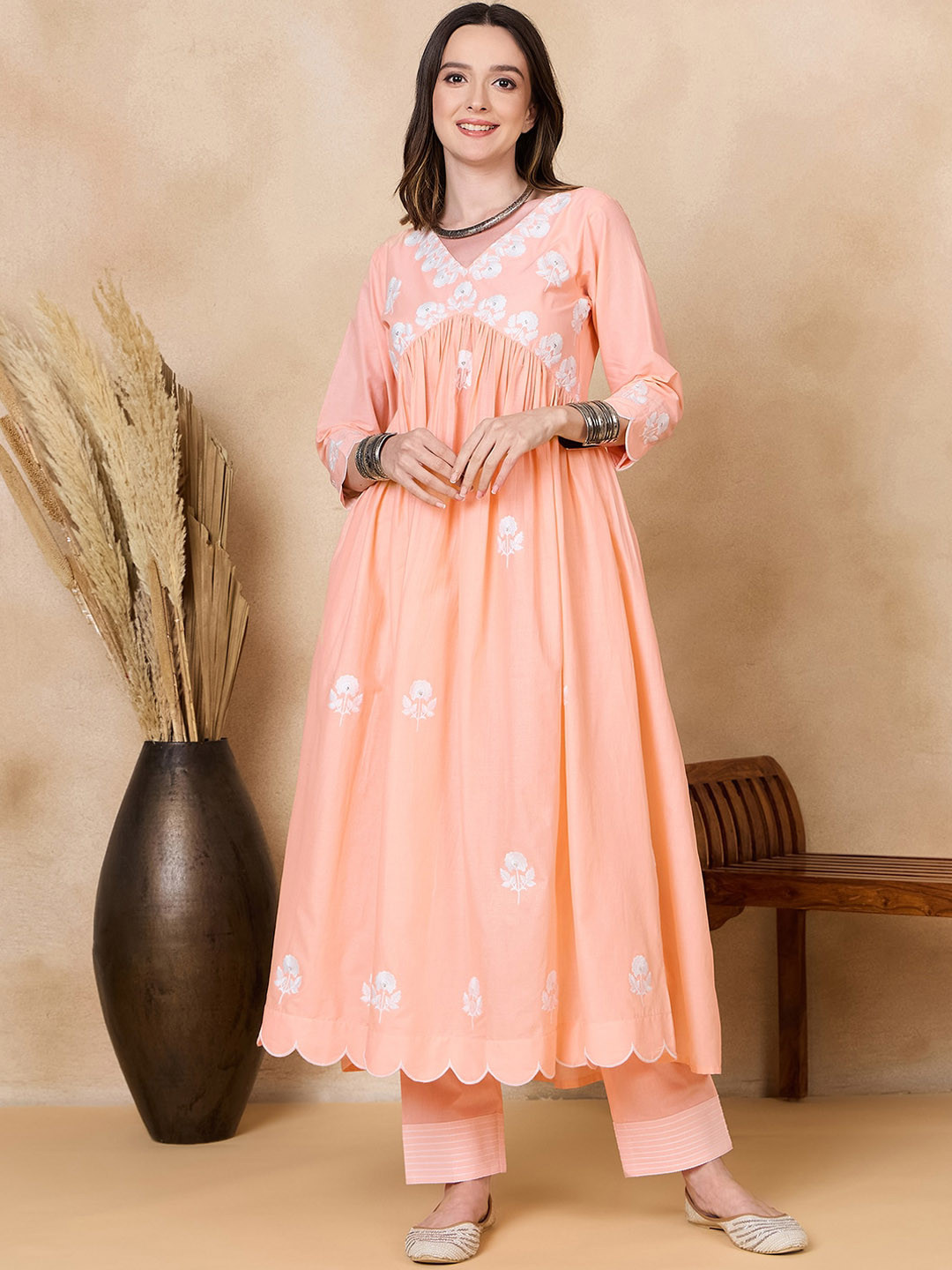 

BLACK SCISSOR Floral Embroidered Empire Sequinned Pure Cotton Kurta with Trousers, Peach