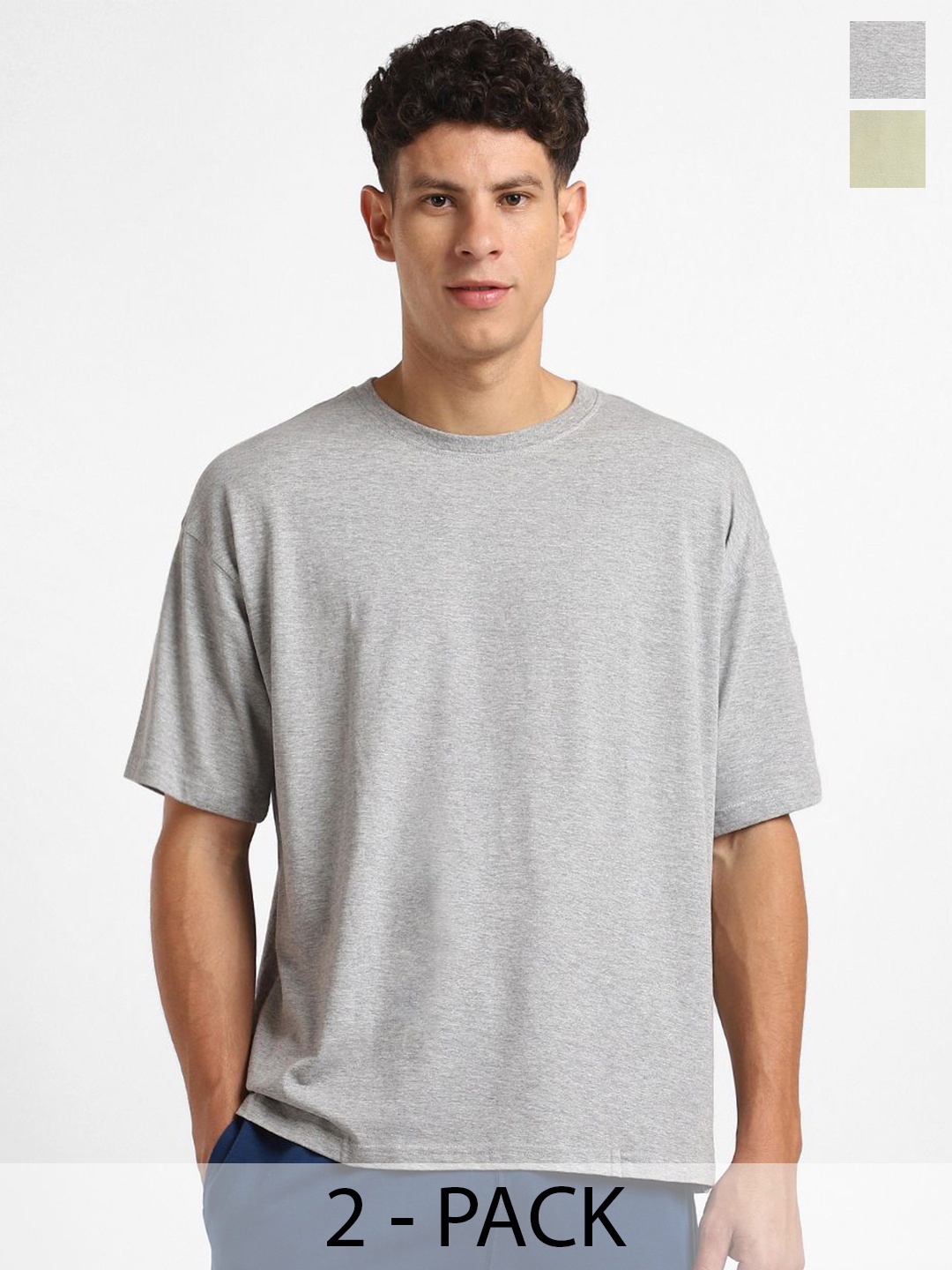

NOBERO Pack Of 2 Cotton Oversized T-Shirts, Grey melange