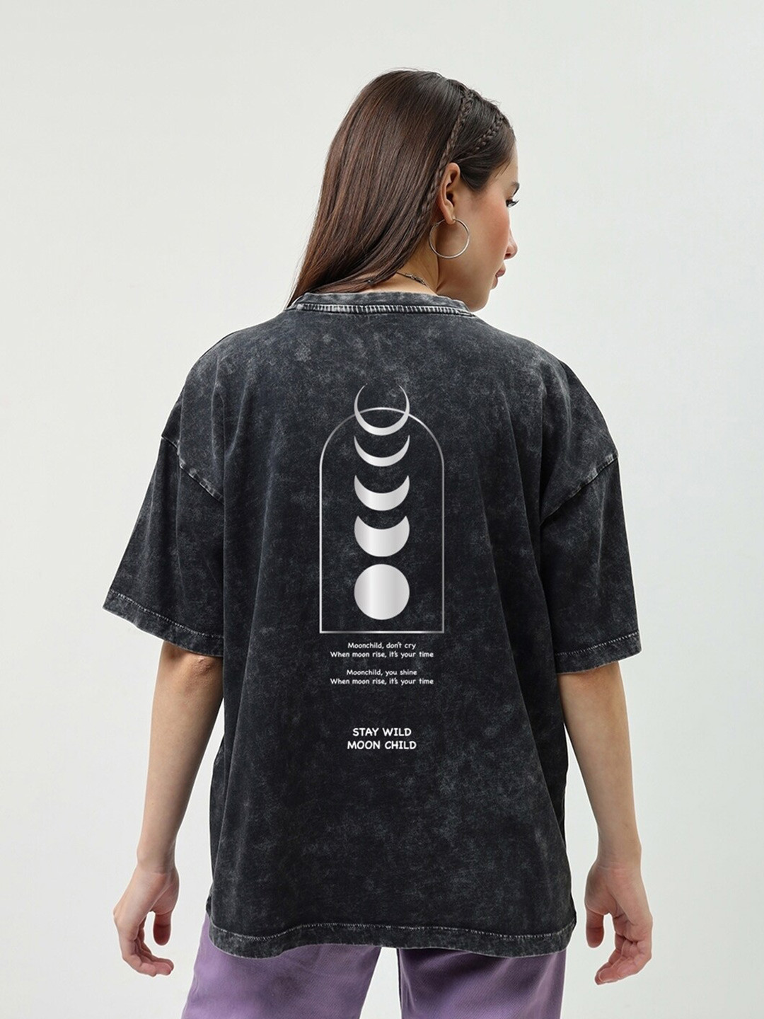 

Bewakoof Stay Wild Moonchild Graphic Printed Acid Wash Oversized Cotton T-shirt, Black