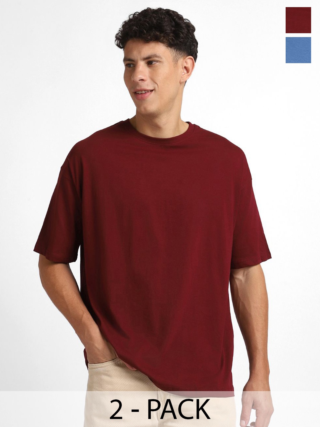 

NOBERO Pack Of 2 Cotton Oversized T-Shirts, Maroon