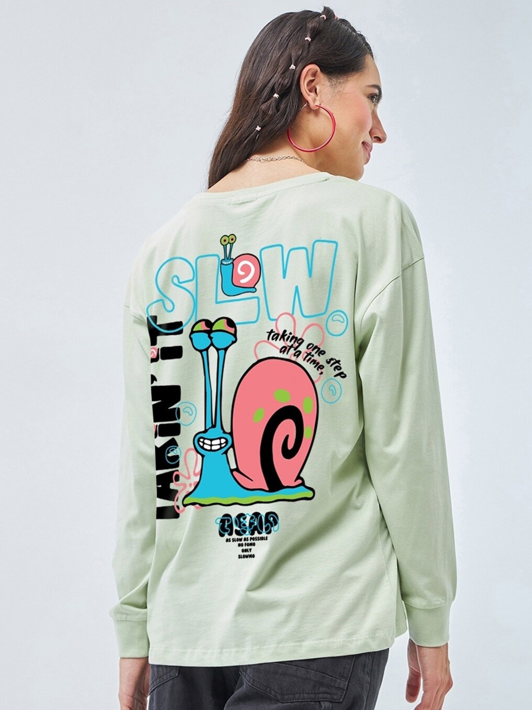 

Bewakoof Taking it Slow Typography Printed Drop-Shoulder Sleeves Oversized Cotton T-shirt, Green