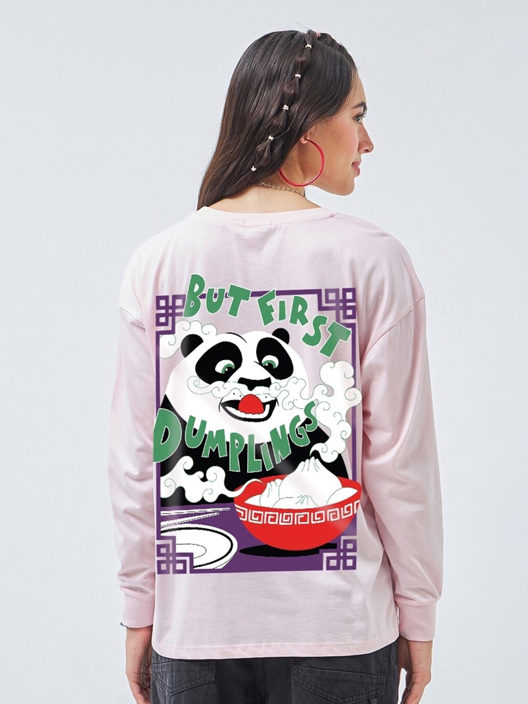 

Bewakoof Kung Fu Panda Printed Drop-Shoulder Sleeves Oversized Cotton T-shirt, Pink