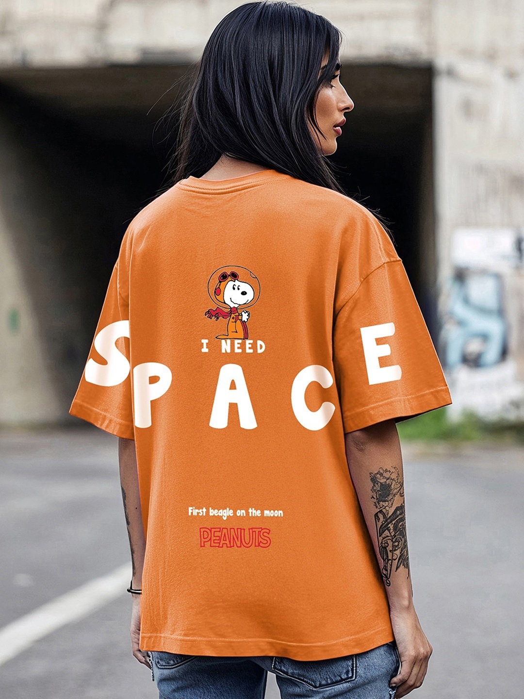 

Bewakoof Peanuts Printed Drop-Shoulder Sleeves Oversized Cotton T-shirt, Orange