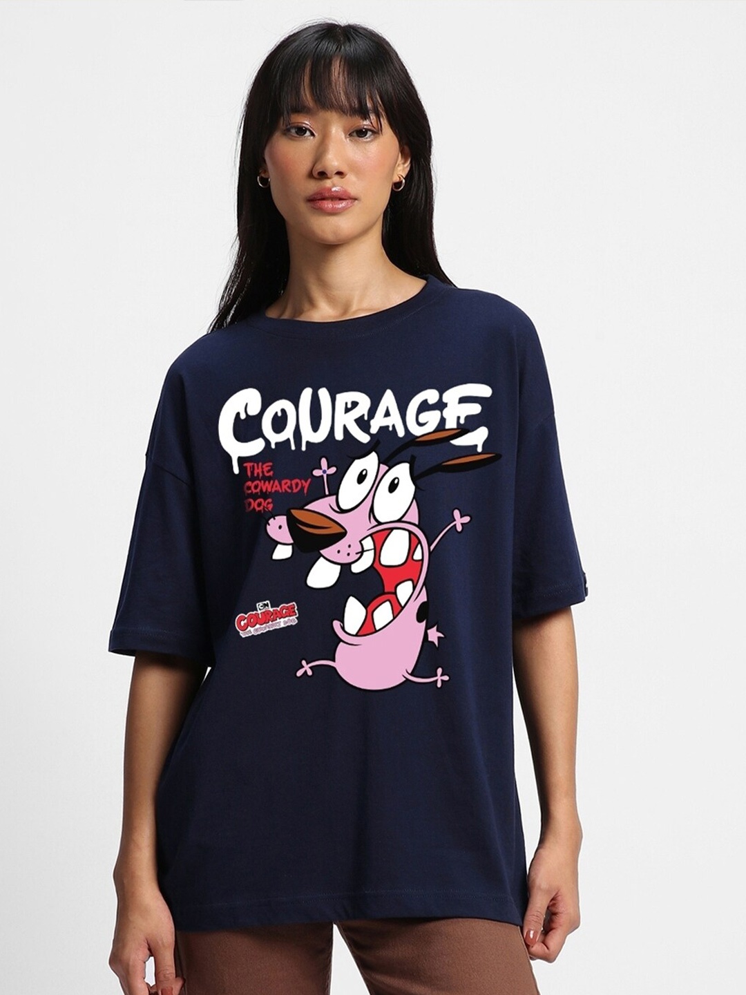

Bewakoof Courage The Cowardly Dog Printed Drop-Shoulder Sleeves Oversized Cotton T-shirt, Blue