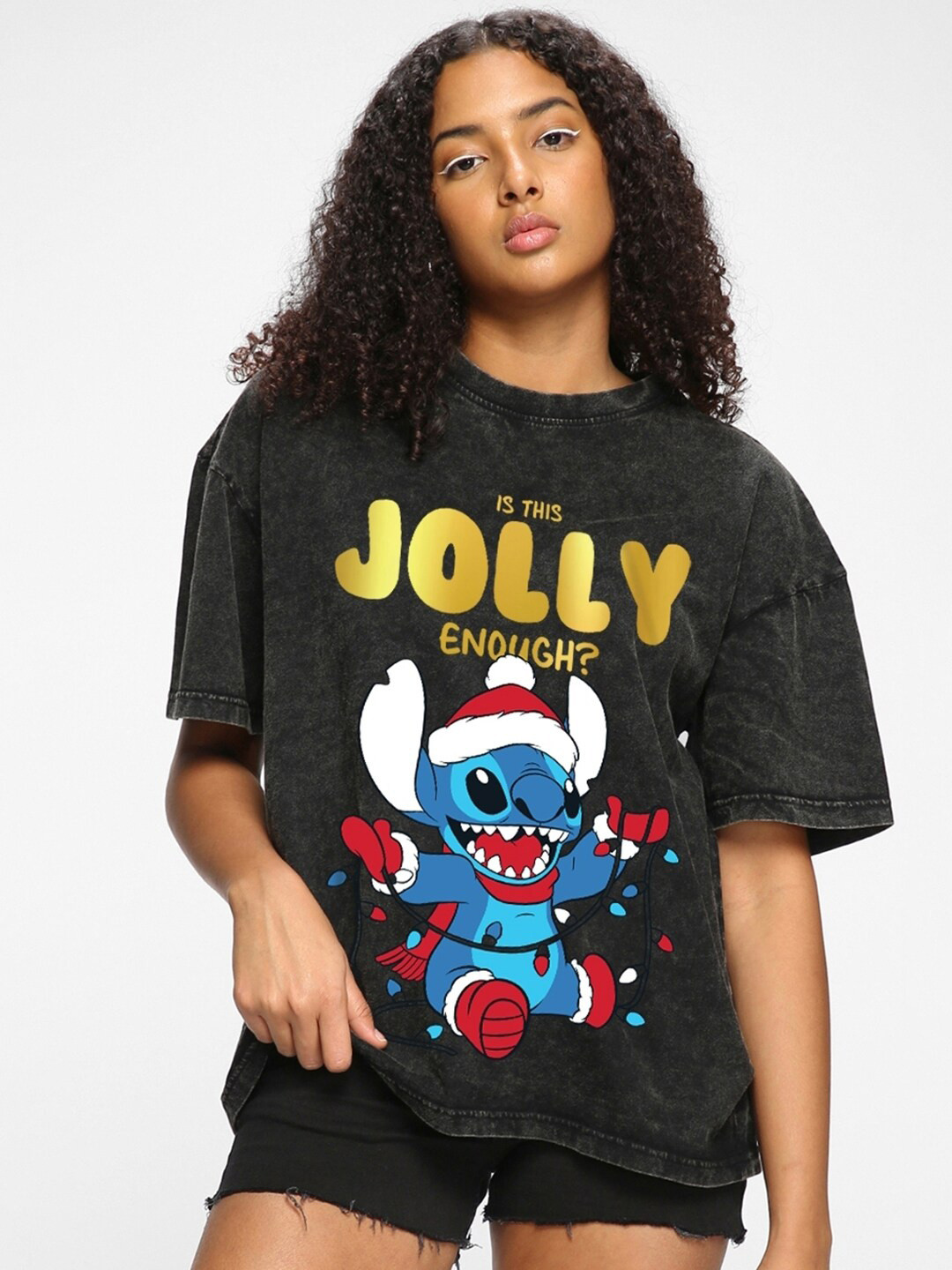 

Bewakoof Disney Printed Drop-Shoulder Sleeves Acid Wash Oversized Cotton T-shirt, Black