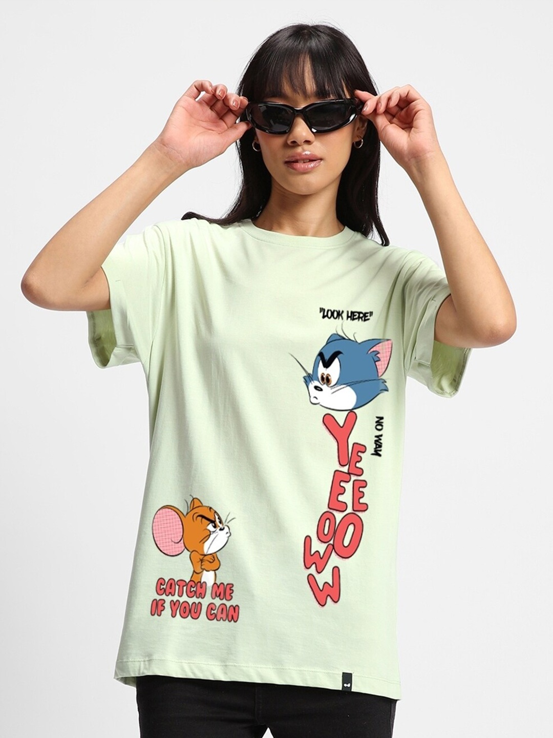 

Bewakoof Tom & Jerry Printed Drop-Shoulder Sleeves Oversized Cotton T-shirt, Green