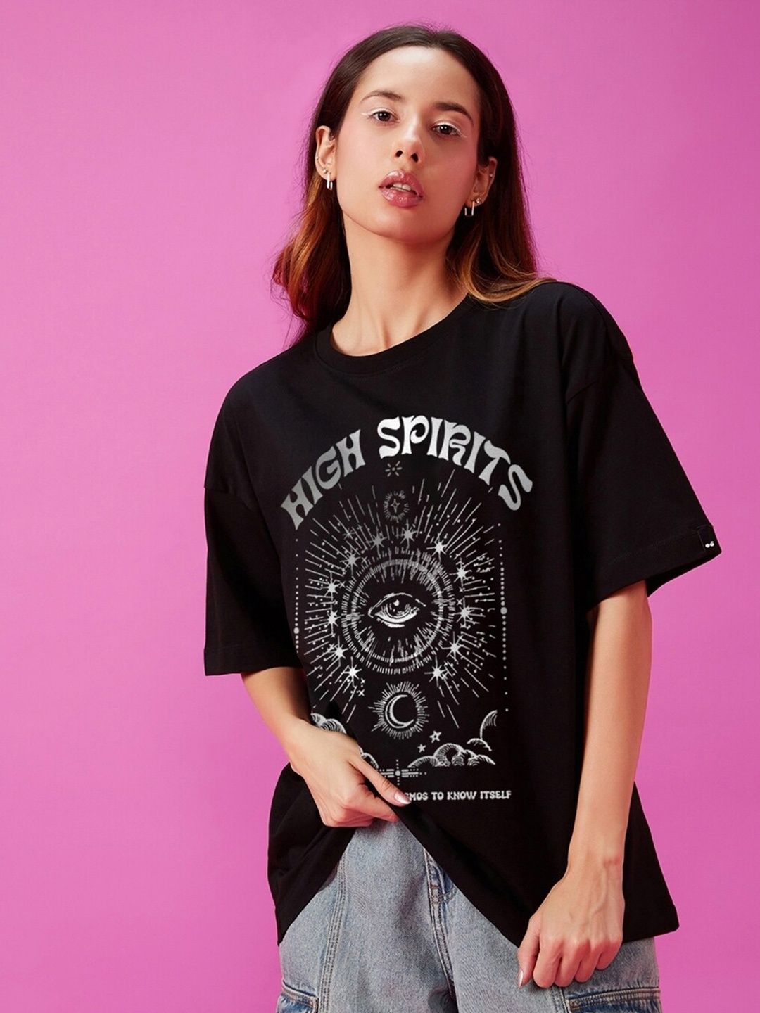 

Bewakoof High Spirits Printed Drop-Shoulder Sleeves Oversized Cotton T-shirt, Black