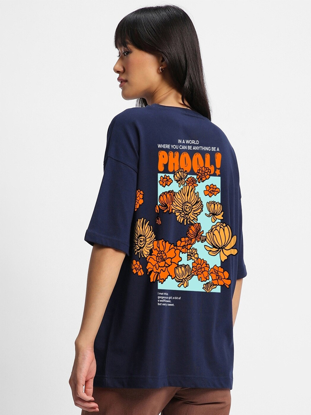 

Bewakoof Phool Graphic Printed Drop-Shoulder Sleeves Oversized Cotton T-shirt, Blue