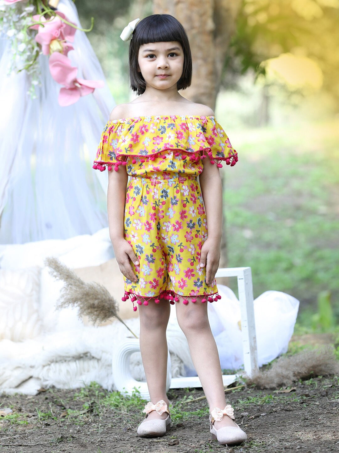 

Cutiekins Girls Off-Shoulder Floral Printed Ruffles Playsuit, Mustard