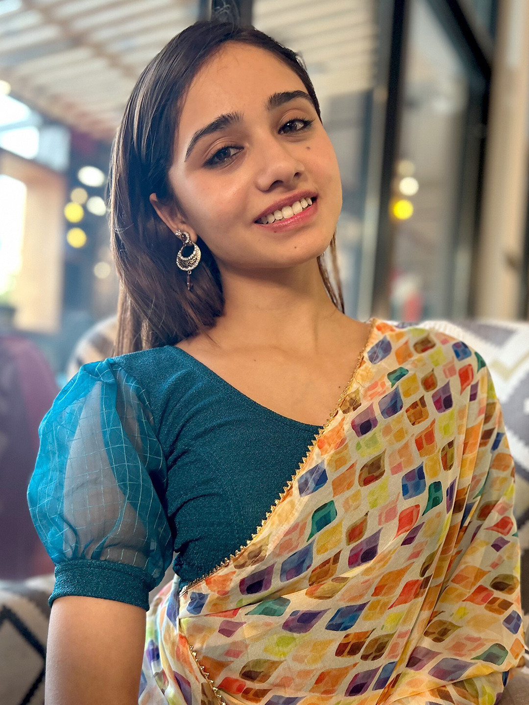 

Bindigasm's Advi Puff Sleeves Stretchable Jacquard Organza Saree Blouse, Turquoise blue