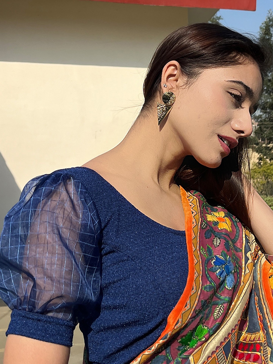 

Bindigasm's Advi Round Neck Organza Voluminous Puff Sleeve Stretchable Slip On Blouse, Navy blue