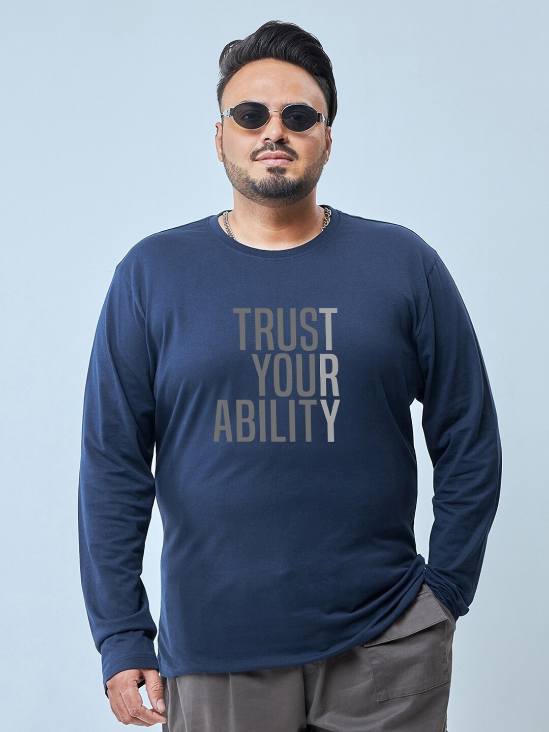 

Bewakoof Plus Typography Printed Cotton T-shirt, Blue