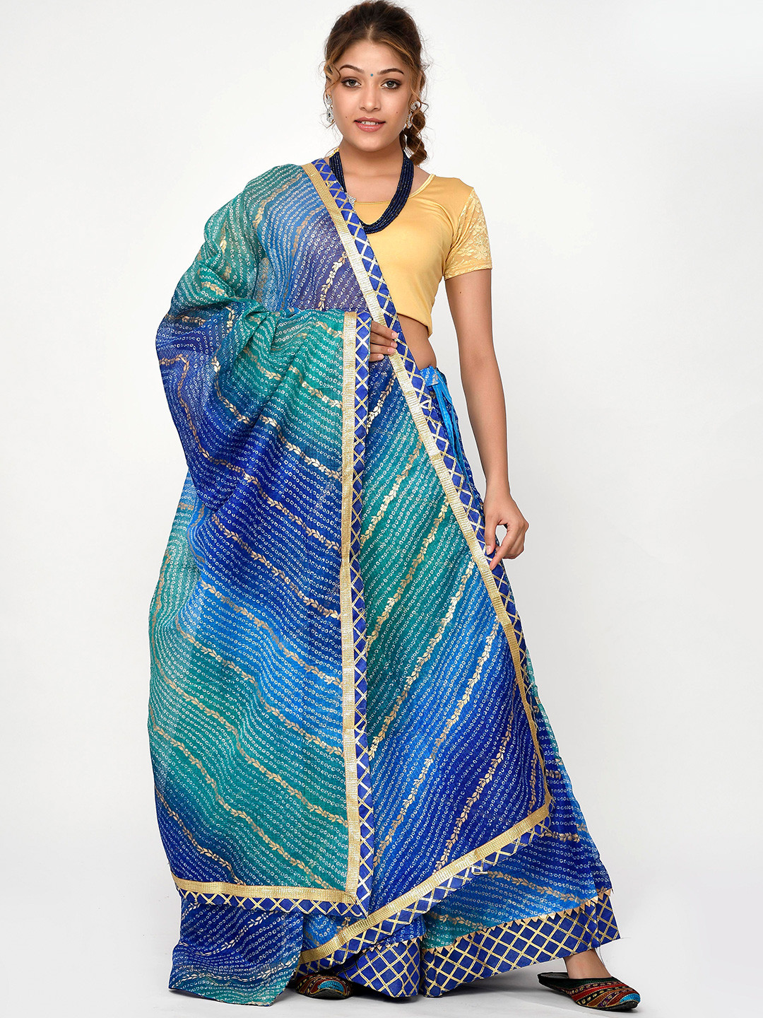 

Kesarya Embellished Cotton Ready to Wear Lehenga & Unstitched Blouse With Dupatta, Blue