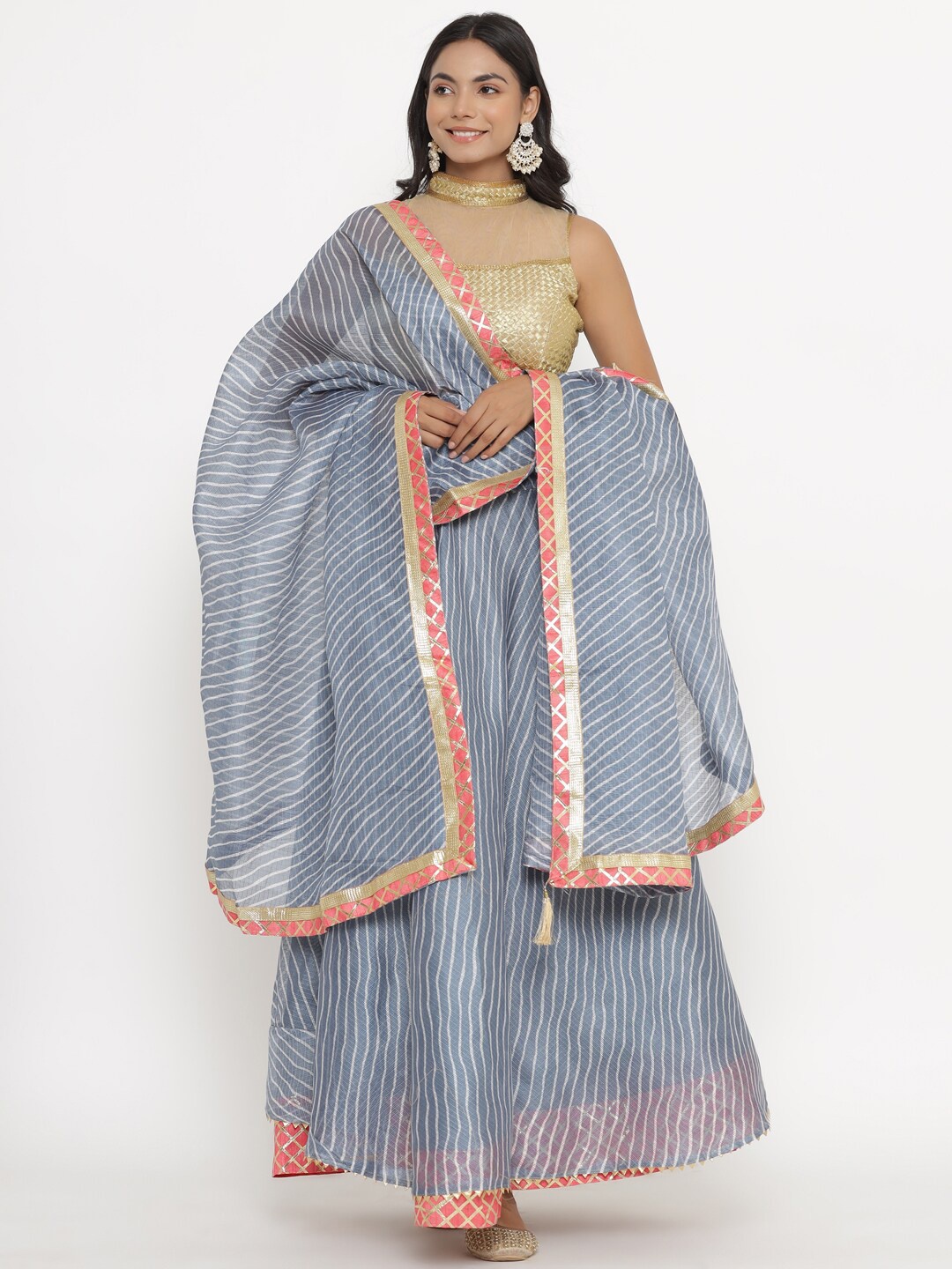 

Kesarya Leheriya Printed Cotton Ready to Wear Lehenga & Unstitched Blouse With Dupatta, Grey