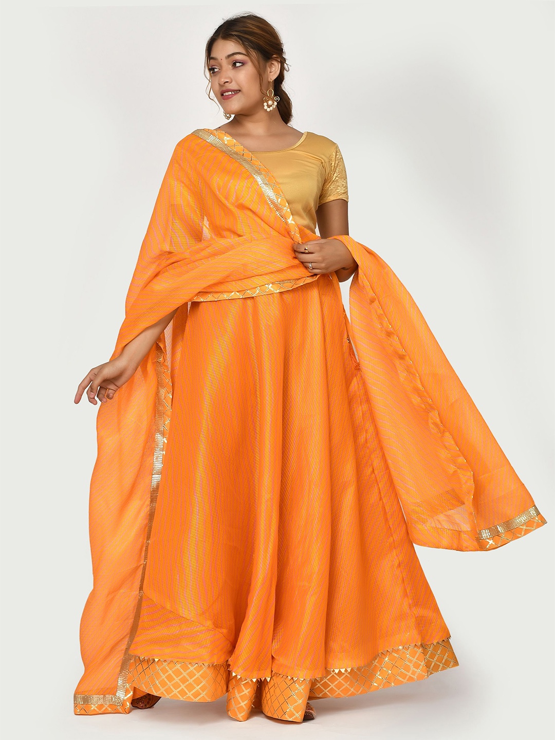 

Kesarya Leheriya Printed Cotton Ready to Wear Lehenga & Unstitched Blouse With Dupatta, Yellow