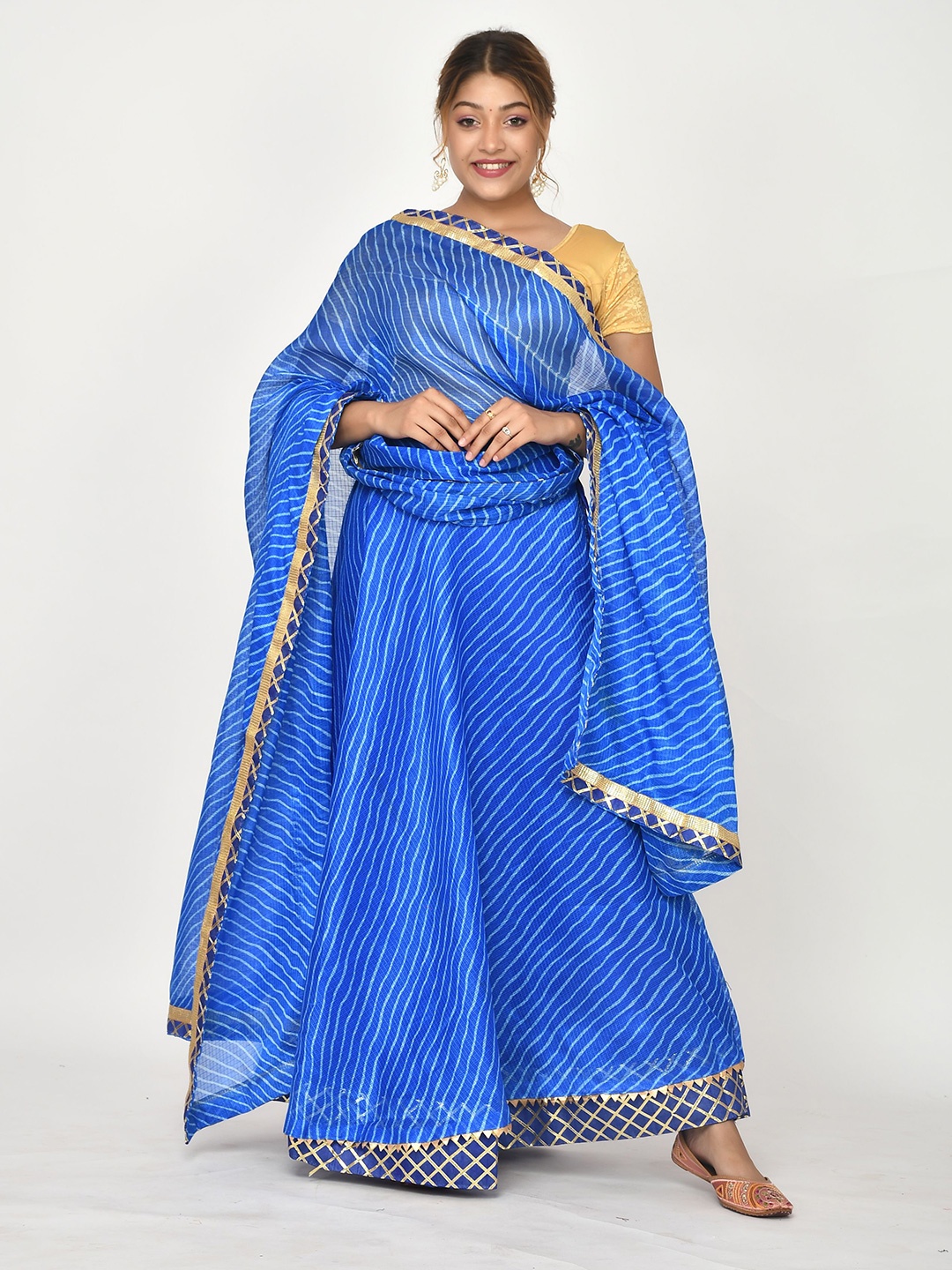 

Kesarya Leheriya Printed Cotton Ready to Wear Lehenga & Unstitched Blouse With Dupatta, Blue