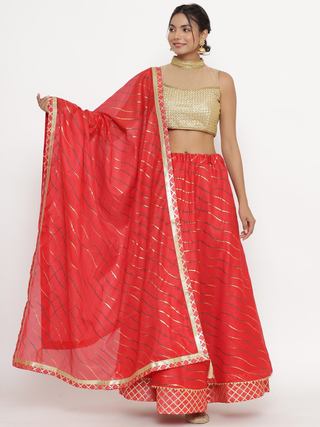 

Kesarya Leheriya Printed Cotton Ready to Wear Lehenga & Unstitched Blouse With Dupatta, Red