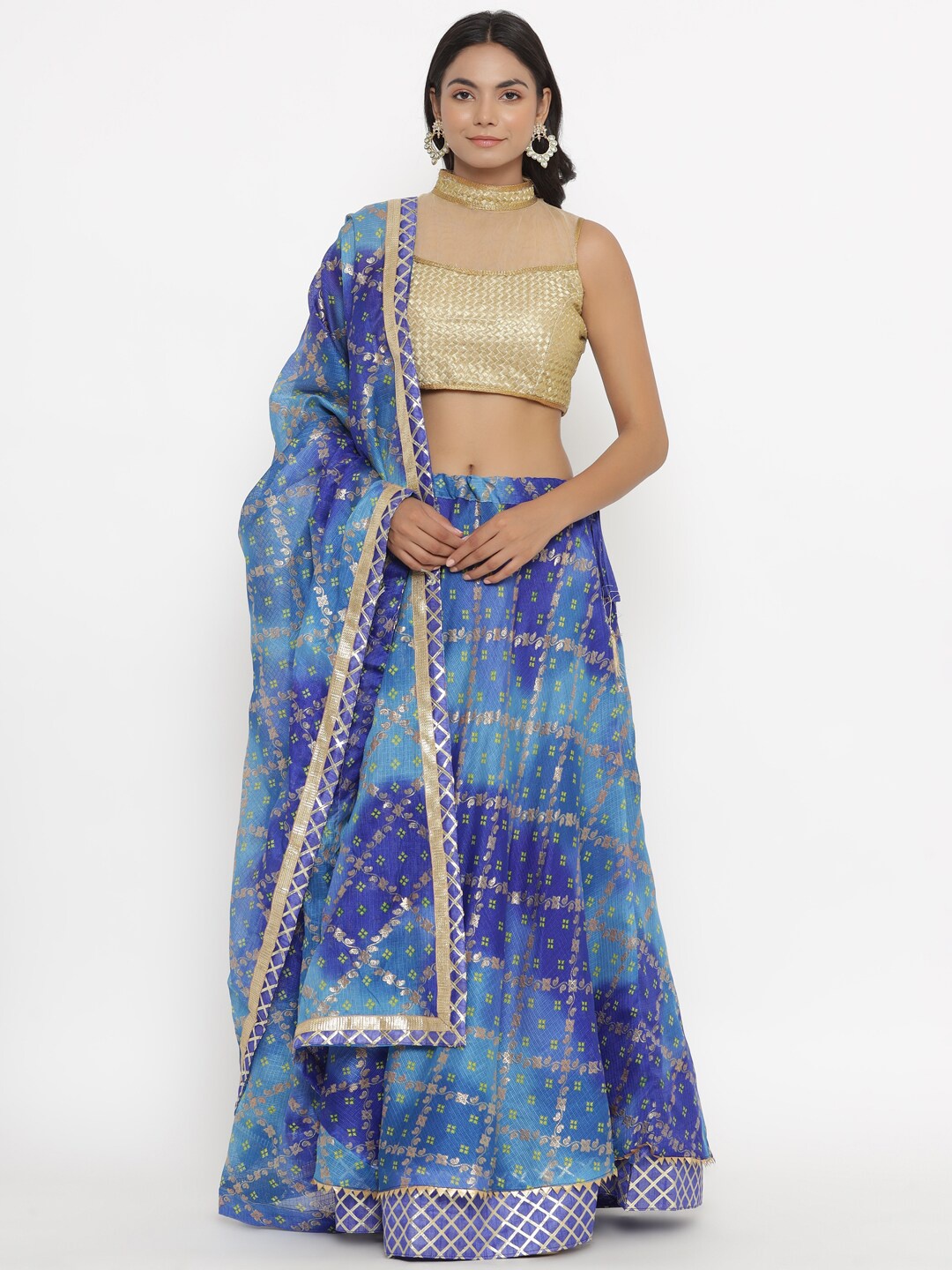 

Kesarya Printed Cotton Ready to Wear Lehenga & Unstitched Blouse With Dupatta, Blue