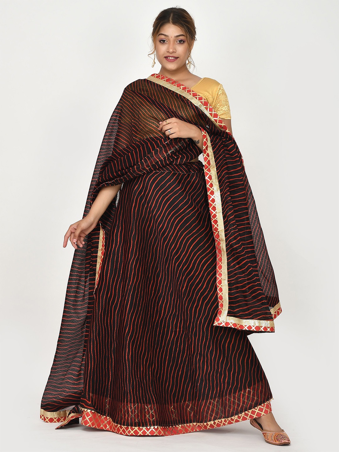 

Kesarya Printed Cotton Ready to Wear Lehenga & Unstitched Blouse With Dupatta, Black