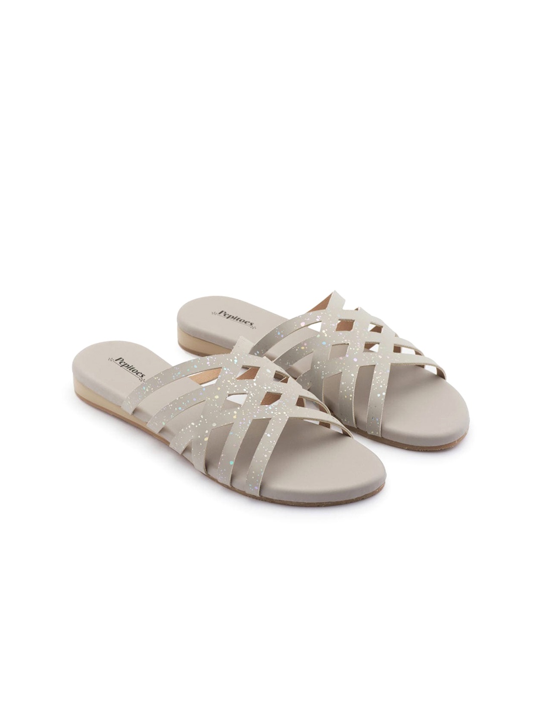 

PEPITOES Printed Open Toe Flats, Grey