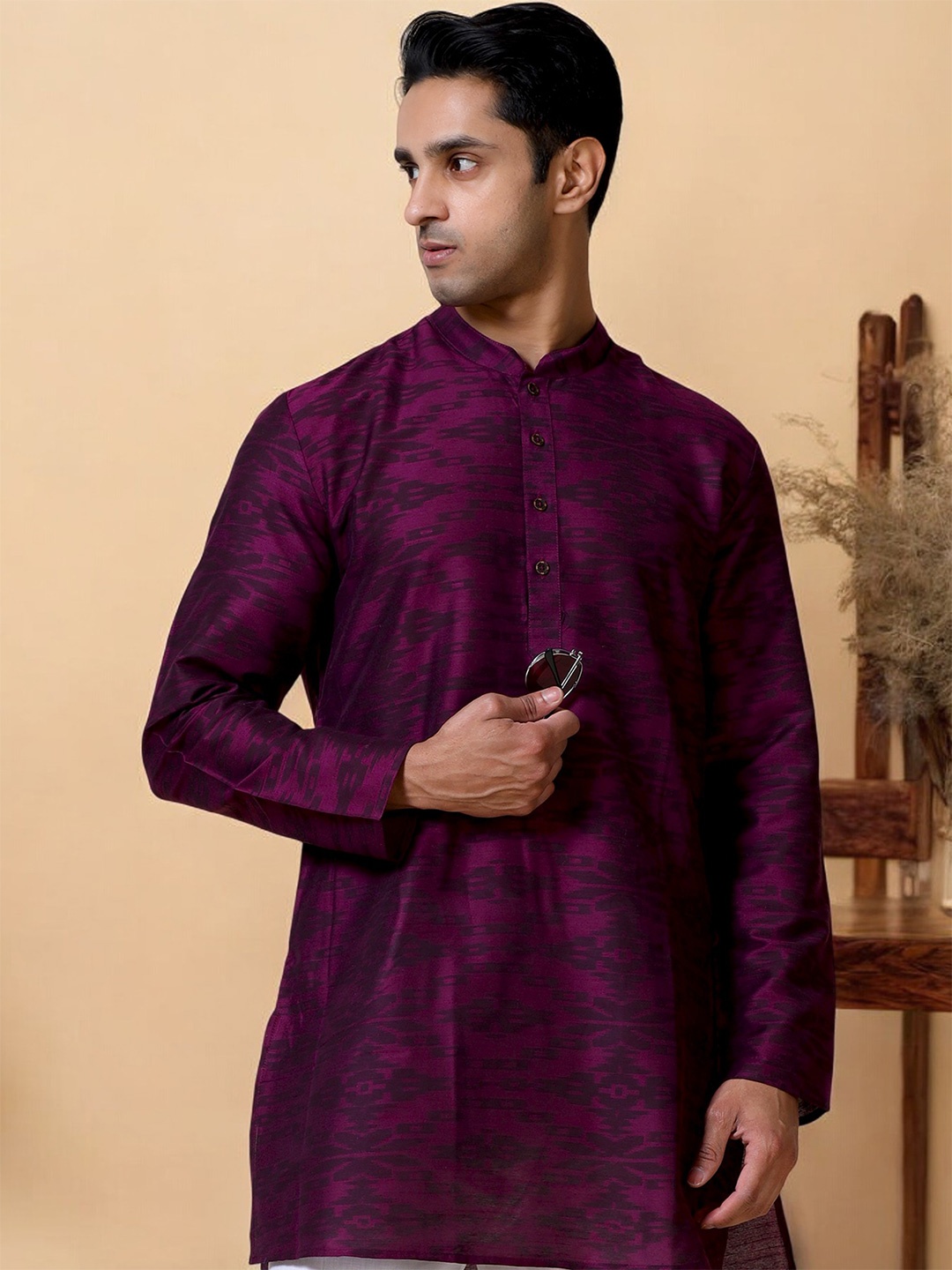 

TATTVA Thread Work Band Collar Straight Kurta, Purple