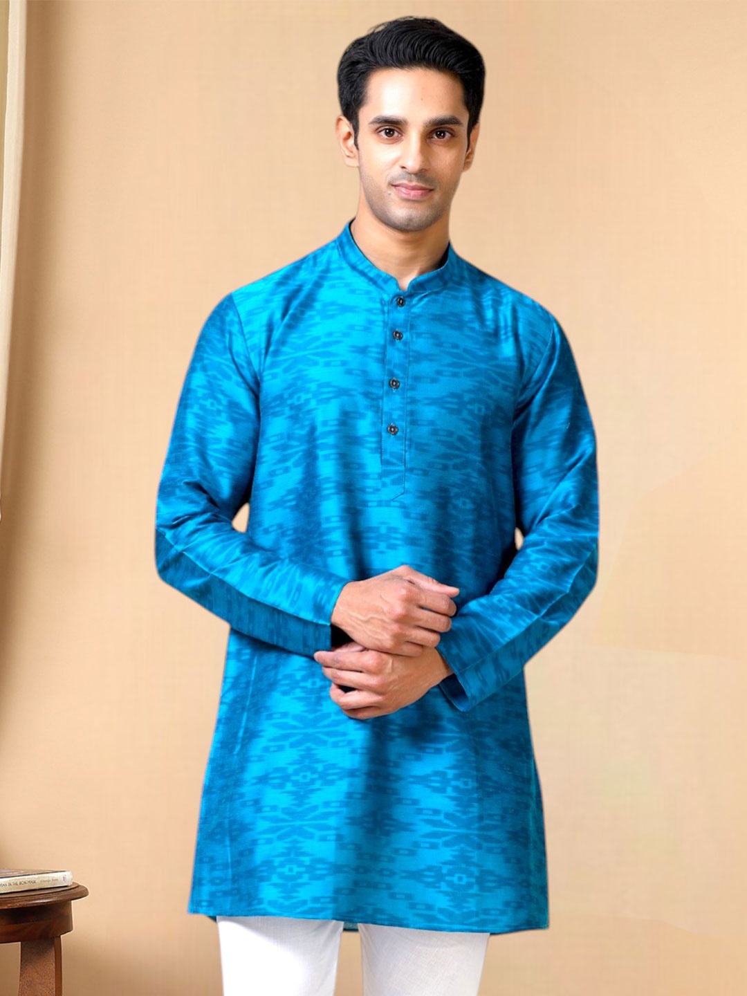 

TATTVA Ethnic Motifs Printed Mandarin Collar Kurta, Blue