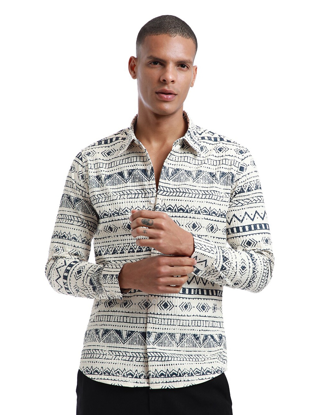 

Banana Club Classic Slim Fit Ethnic Motifs Printed Casual Shirt, Off white