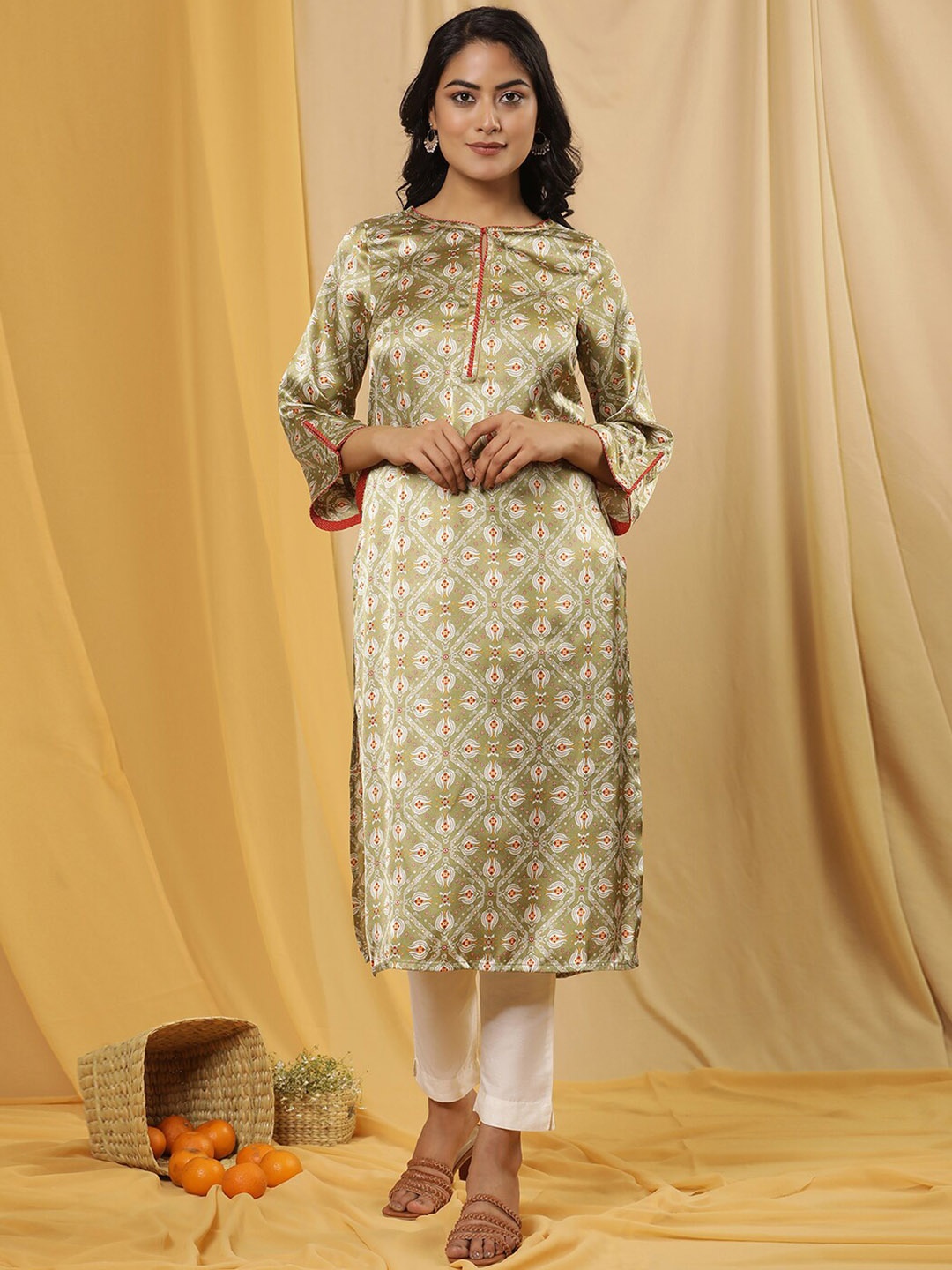 

W Ethnic Motifs Printed Regular Kurta with Trouser, Green