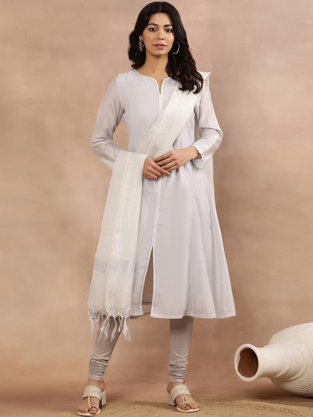 

W Regular Sequinned Kurta With Dupatta, Grey