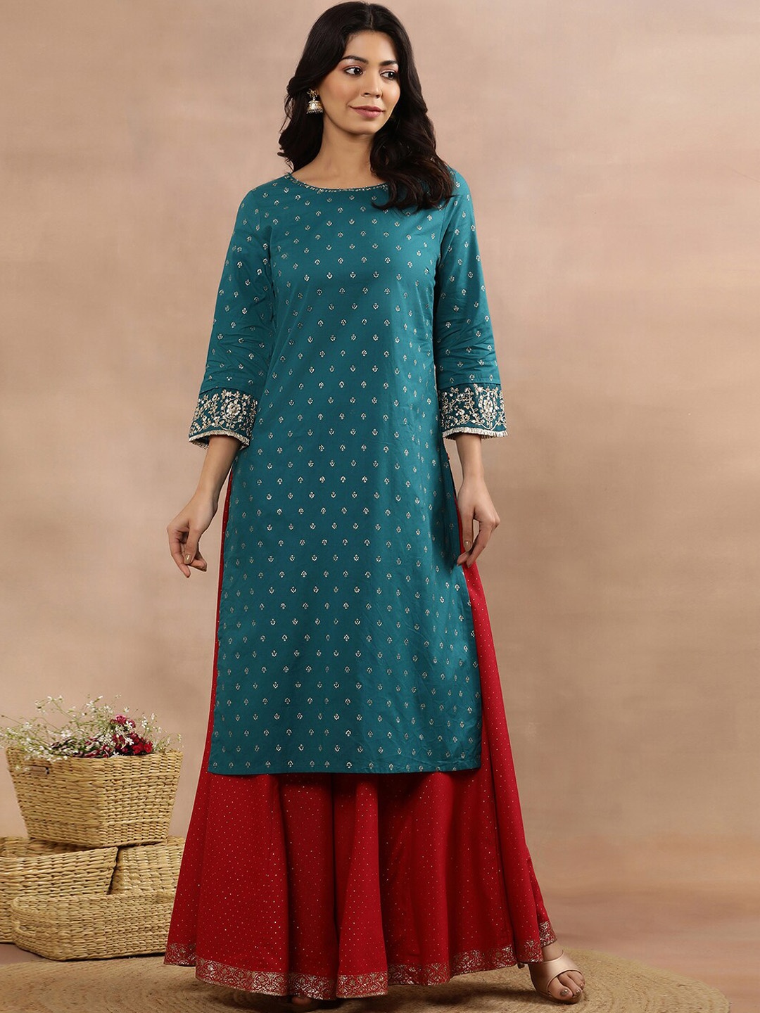 

W Floral Printed Regular Sequinned Pure Cotton Kurta with Sharara, Blue