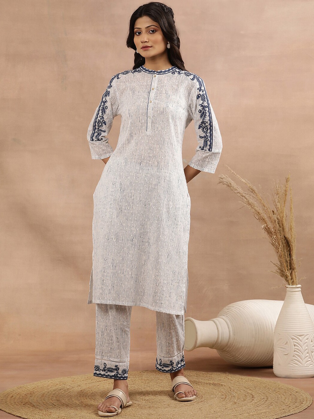 

W Striped Thread Work Mandarin Collar Pure Cotton Kurta with Trousers, White