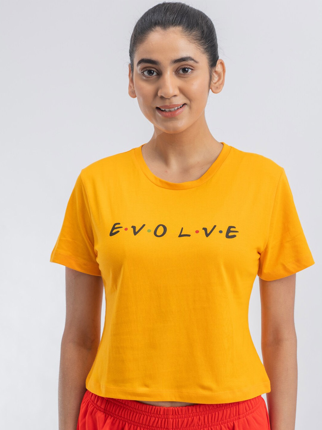 

DRYP EVOLUT Round Neck Pure Cotton Crop Sports T-shirt, Mustard