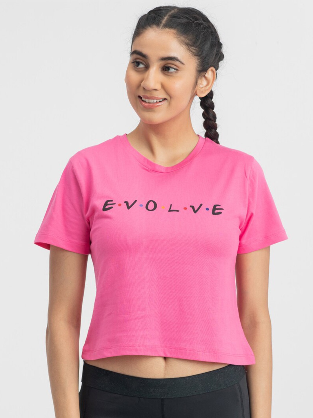 

DRYP EVOLUT Round Neck Pure Cotton Casual Crop T-shirt, Pink