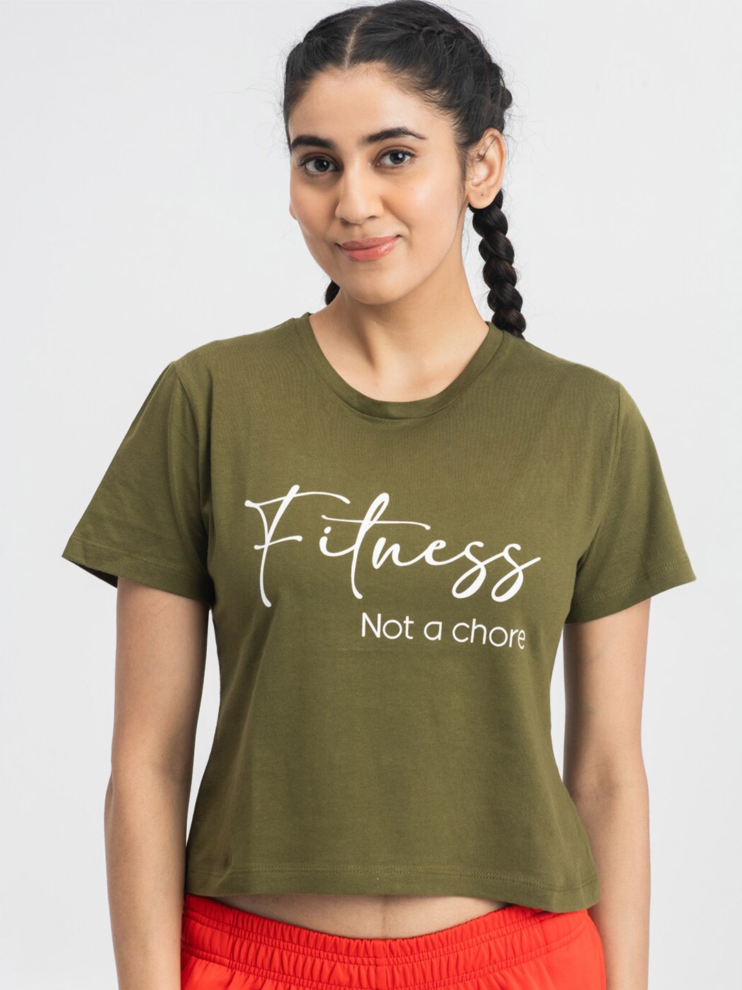 

DRYP EVOLUT Typography Printed Round Neck Pure Cotton Crop T-shirt, Olive