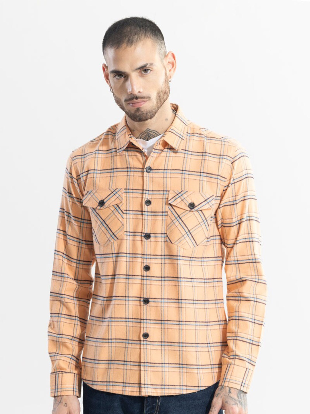 

Snitch Orange Classic Slim Fit Tartan Checked Cotton Casual Shirt