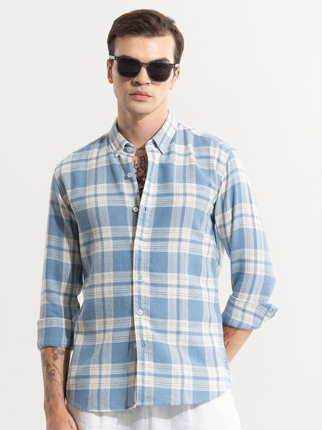 

Snitch Blue Classic Slim Fit Checked Cotton Casual Shirt