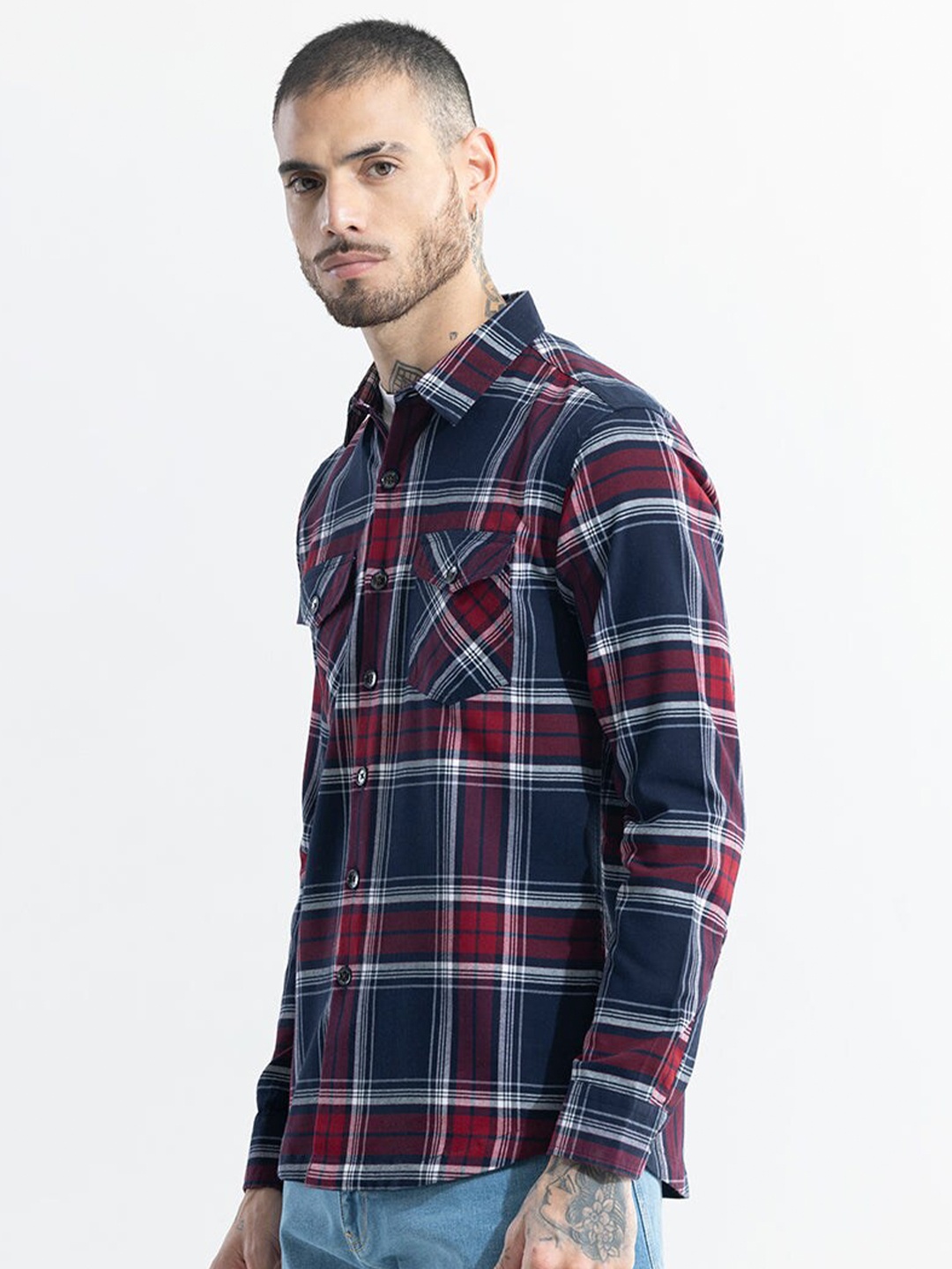 

Snitch Red Classic Slim Fit Tartan Checked Cotton Casual Shirt