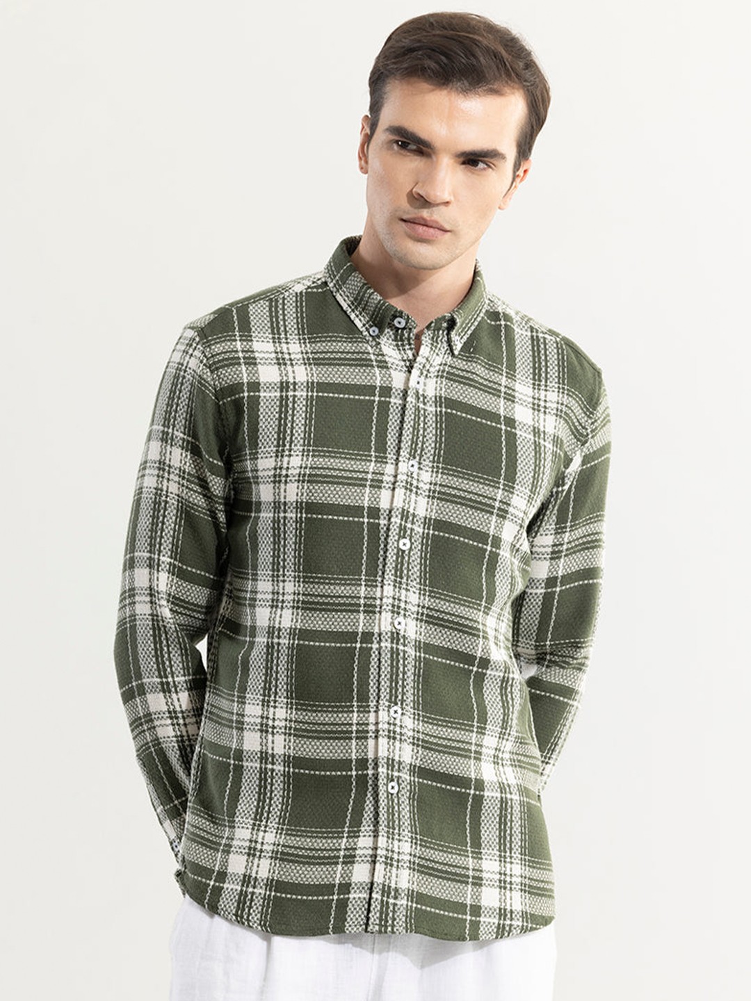 

Snitch Olive Classic Slim Fit Checked Casual Shirt