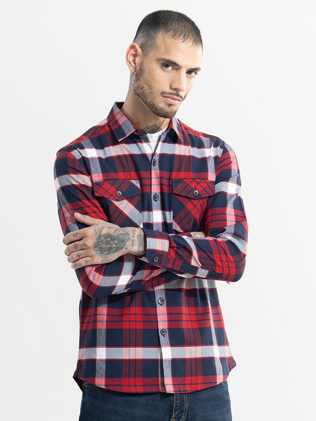 

Snitch Red Classic Slim Fit Tartan Checked Cotton Casual Shirt