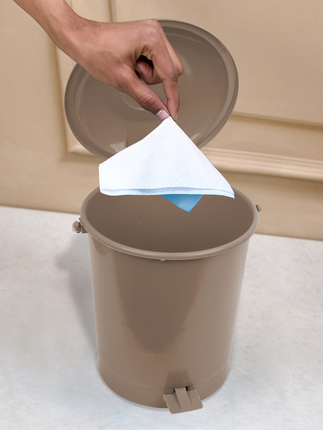 

Kuber Industries Beige & Brown 3-Pcs Swinging Lid Wet & Dry Dustbins