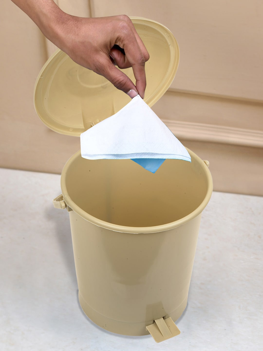 

Kuber Industries Beige & Brown 2 Pcs Swinging Lid Wet & Dry Dustbin 10 L