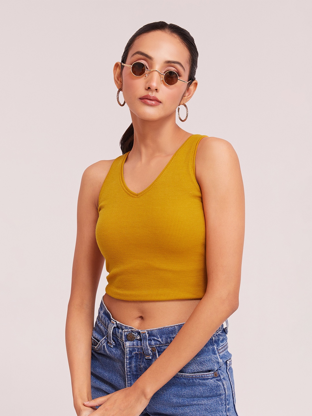 

BerryBird V-Neck Ribbed Cotton Crop Tank Top, Yellow