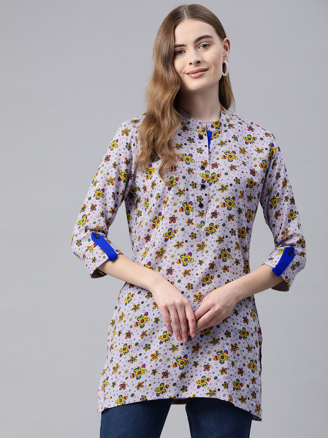 

One Femme Ethnic Motifs Printed Kurti, Grey