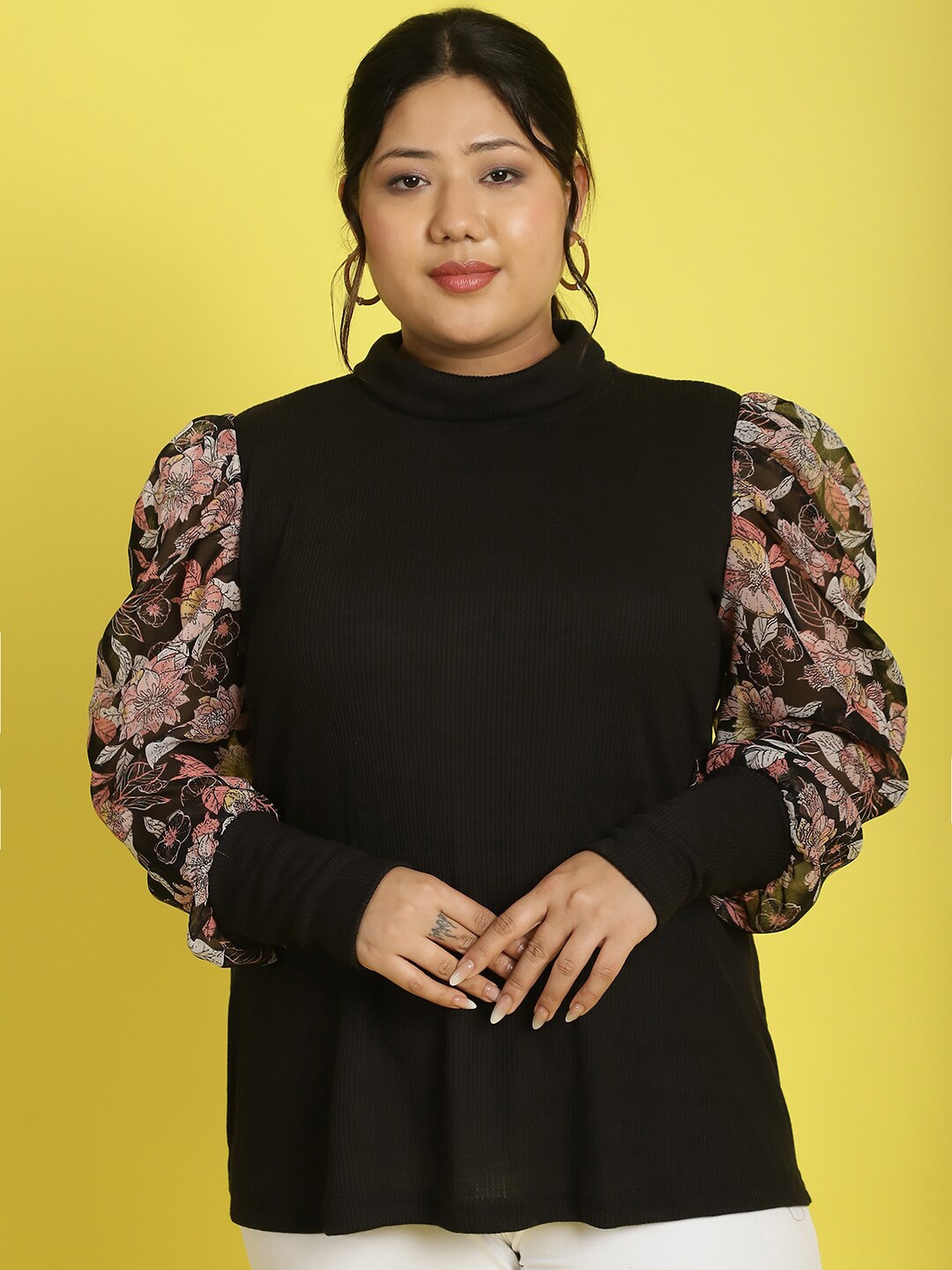 

theRebelinme Plus Size High Neck Puff Sleeve Cotton Top, Black