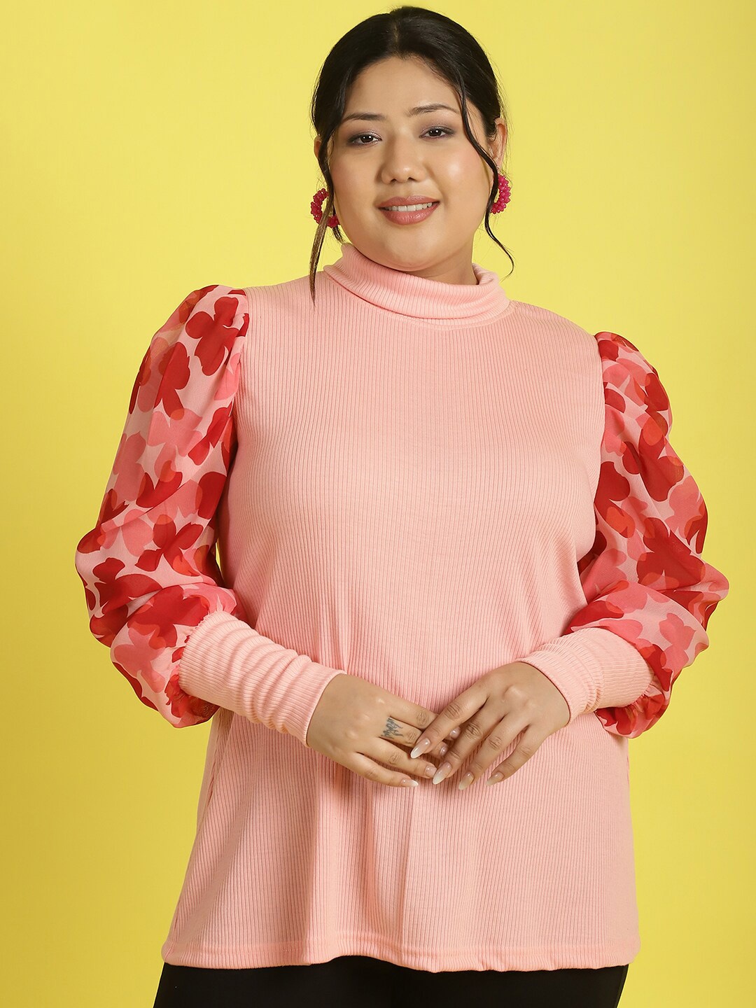 

theRebelinme Plus Size High Neck Puff Sleeves Cotton Top, Pink