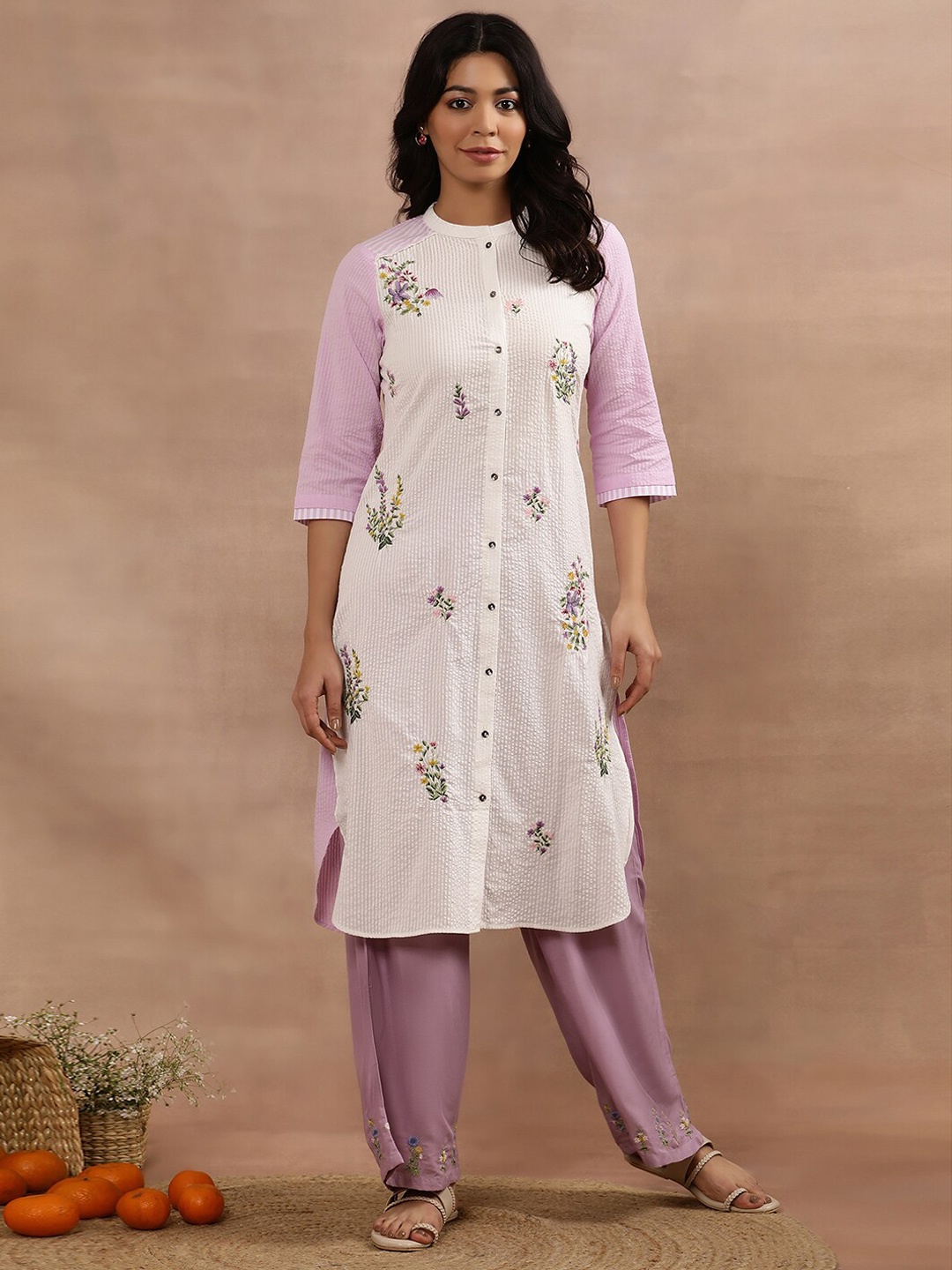 

W Floral Embroidered Regular Thread Work Pure Cotton Kurta with Trousers, White