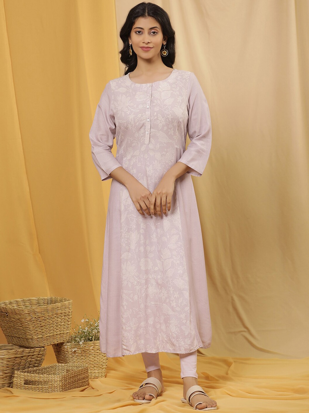 

W Floral Printed Round Neck A-Line Kurta With Legging, Purple