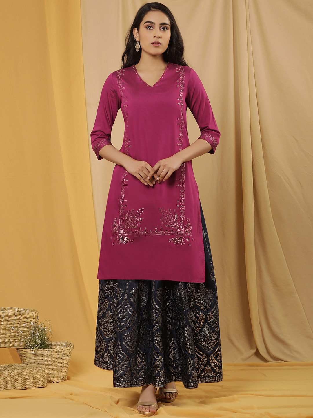 

W Geometric Printed Regular Beads and Stones Kurta with Skirt, Pink